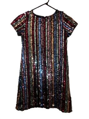 Girls Size Large Multicolor Sequin Stripe Short-Sleeve Party Dress
